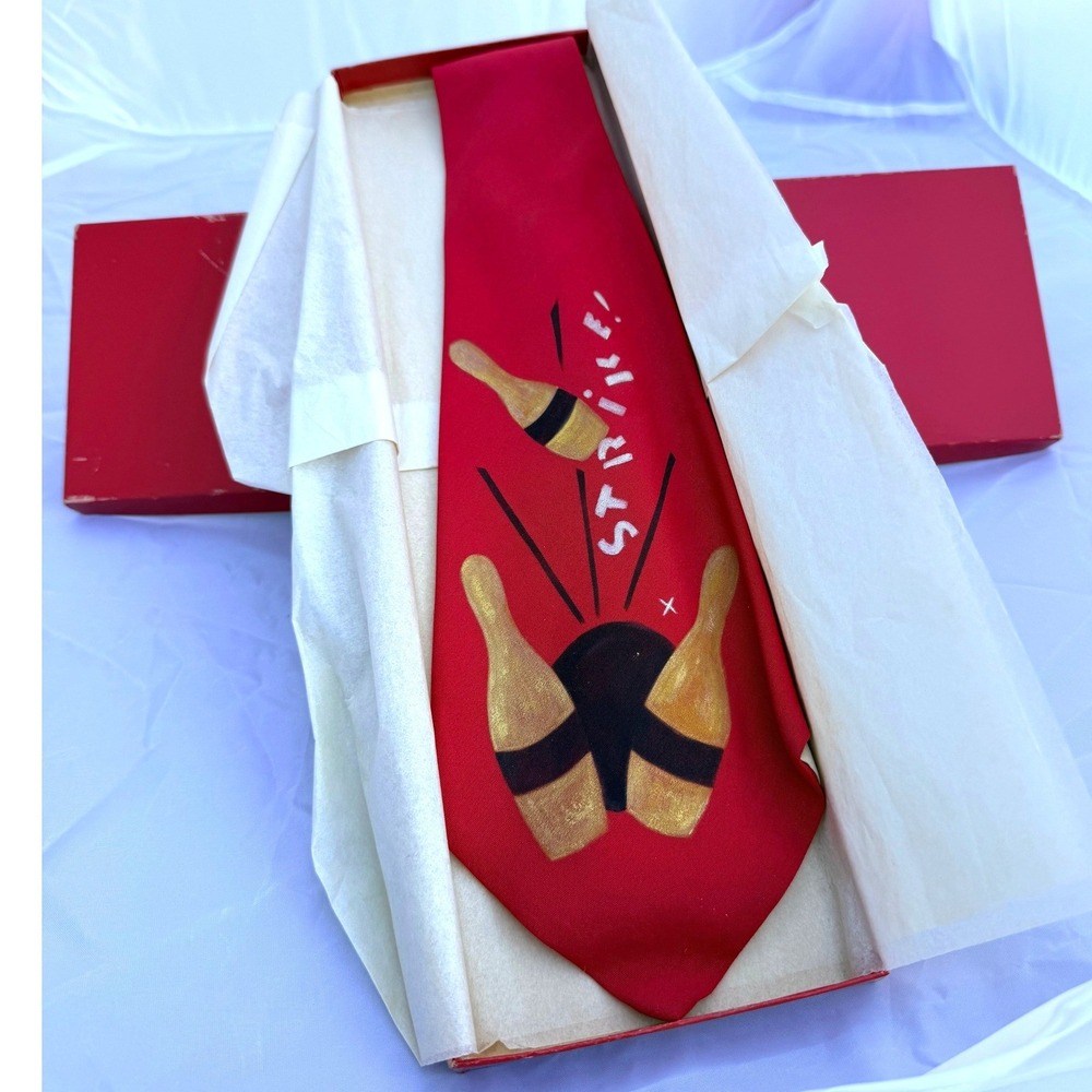 V. Galet Vintage Red Silk Hand Painted Bowling Strike Tie Handmade California